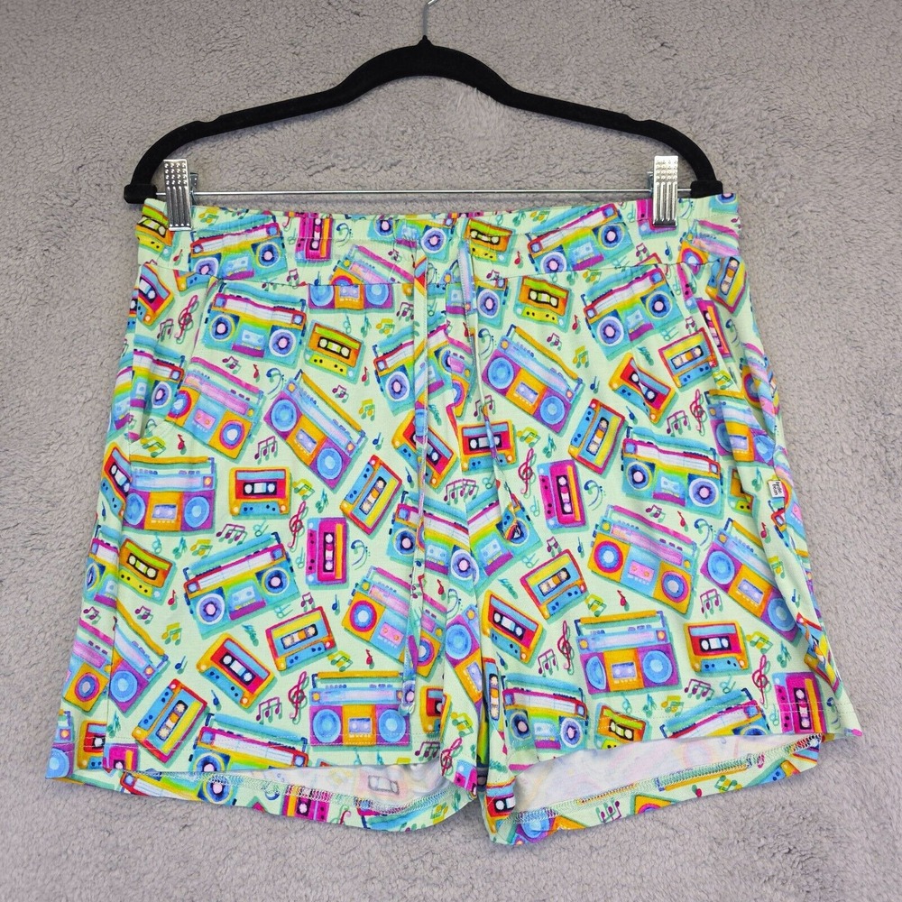 Birdie Bean Sleep Shorts‎ Womens L Blue Green Bamboo All Over Print Radio Music